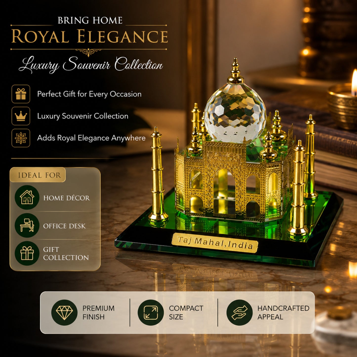 Crystal Taj Mahal Miniature Showpiece with Gold-Plated Finish & Faceted Crystal Dome | Premium Luxury Souvenir Gift for Home Decor, Office Desk & Collectors | 4 x 4 x 3.5 Inch