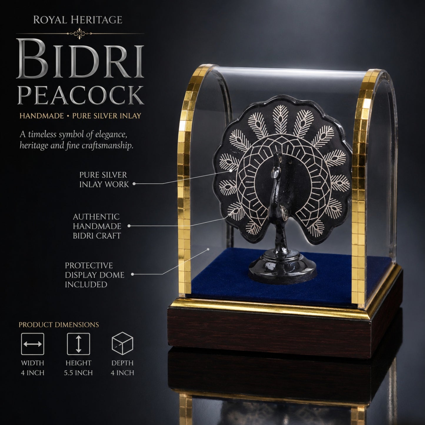 Handmade Bidri Art Peacock Showpiece with Pure Silver Inlay in Protective Dome for Home Décor & Luxury Gifting – 4 x 5.5 x 4 Inch