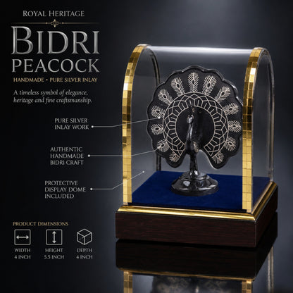 Handmade Bidri Art Peacock Showpiece with Pure Silver Inlay in Protective Dome for Home Décor & Luxury Gifting – 4 x 5.5 x 4 Inch