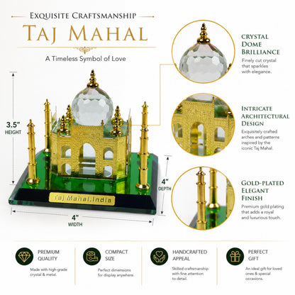 Crystal Taj Mahal Miniature Showpiece with Gold-Plated Finish & Faceted Crystal Dome | Premium Luxury Souvenir Gift for Home Decor, Office Desk & Collectors | 4 x 4 x 3.5 Inch