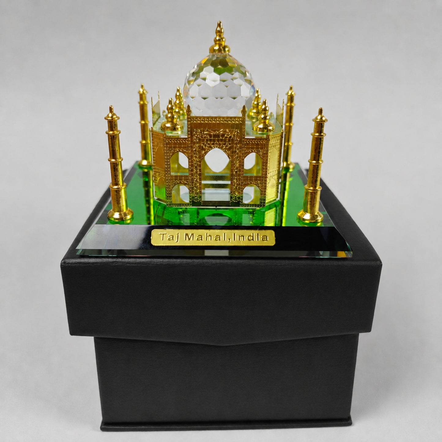 Crystal Taj Mahal Miniature Showpiece with Gold-Plated Finish & Faceted Crystal Dome | Premium Luxury Souvenir Gift for Home Decor, Office Desk & Collectors | 4 x 4 x 3.5 Inch