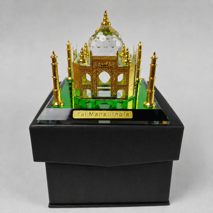 Crystal Taj Mahal Miniature Showpiece with Gold-Plated Finish & Faceted Crystal Dome | Premium Luxury Souvenir Gift for Home Decor, Office Desk & Collectors | 4 x 4 x 3.5 Inch
