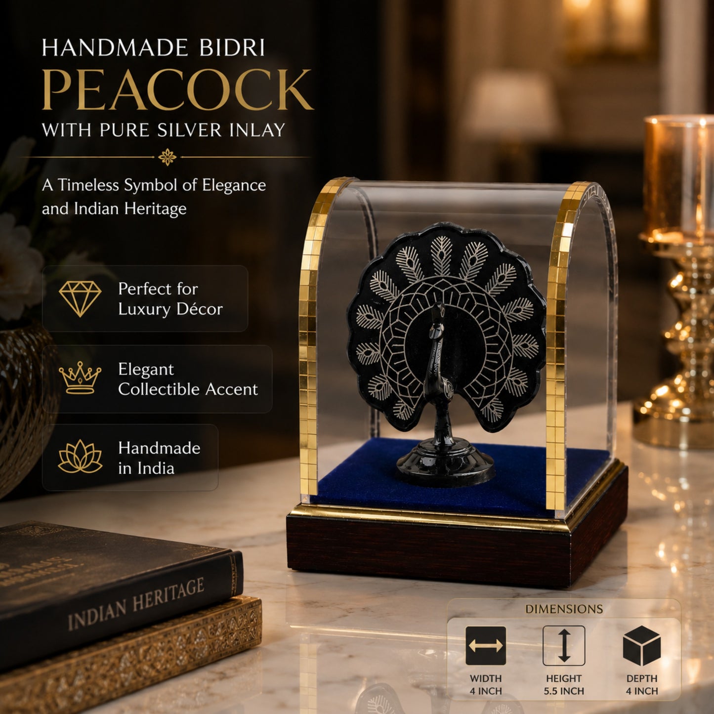 Handmade Bidri Art Peacock Showpiece with Pure Silver Inlay in Protective Dome for Home Décor & Luxury Gifting – 4 x 5.5 x 4 Inch
