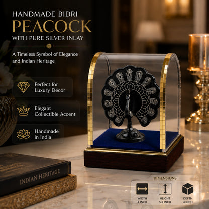 Handmade Bidri Art Peacock Showpiece with Pure Silver Inlay in Protective Dome for Home Décor & Luxury Gifting – 4 x 5.5 x 4 Inch