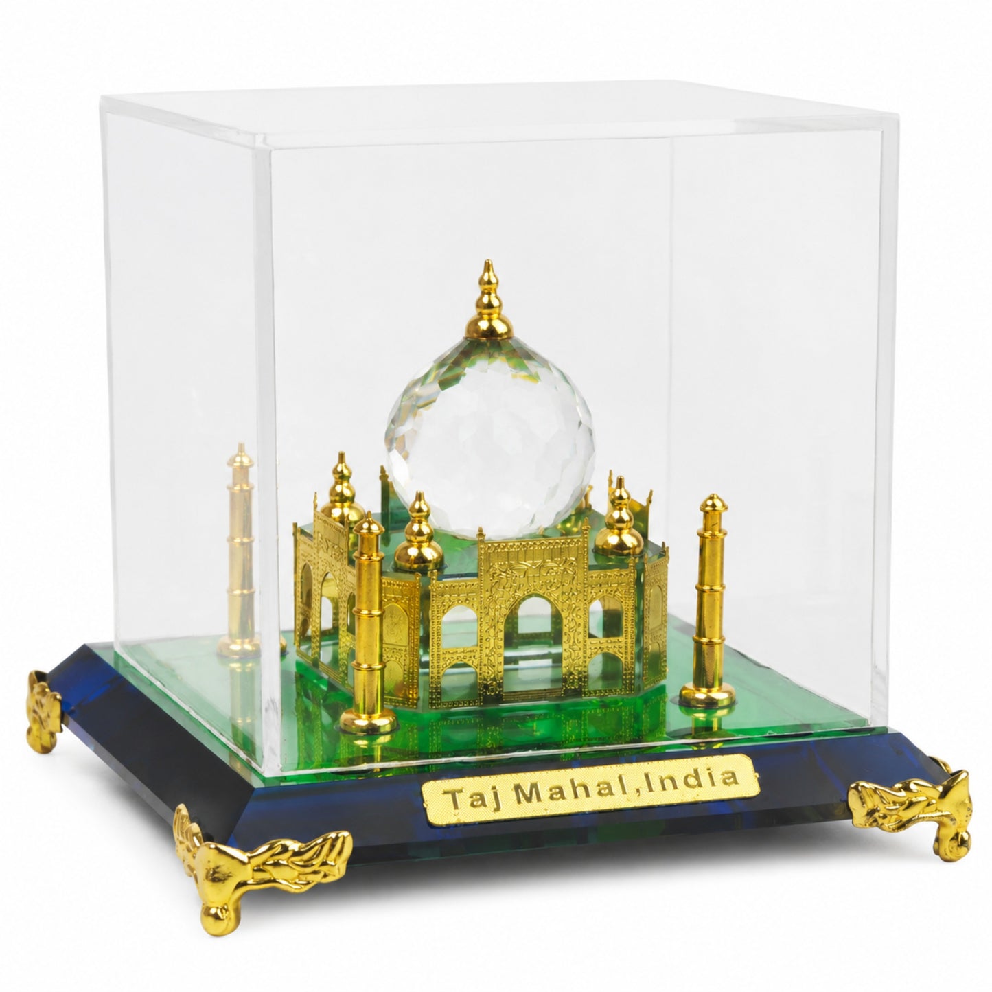 Crystal Taj Mahal Miniature Showpiece with Acrylic Display Case – Premium Decorative Collectible Gift & Home Décor | Golden Finish Handmade Souvenir | 4 x 4 x 4 Inch