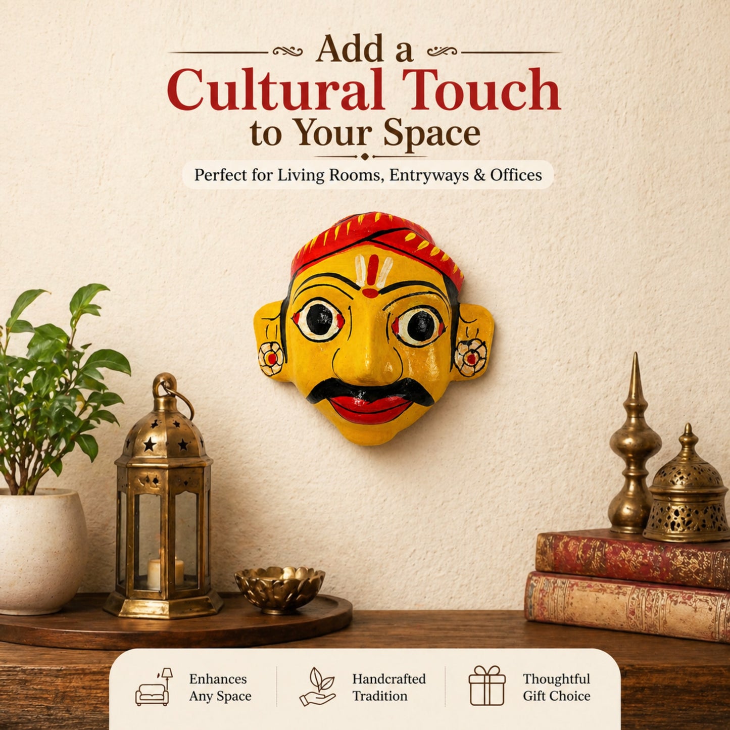Handcrafted Cheriyal Mask Wall Décor | Traditional Telangana Folk Art | Lightweight Decorative Wall Hanging | 4 Inches