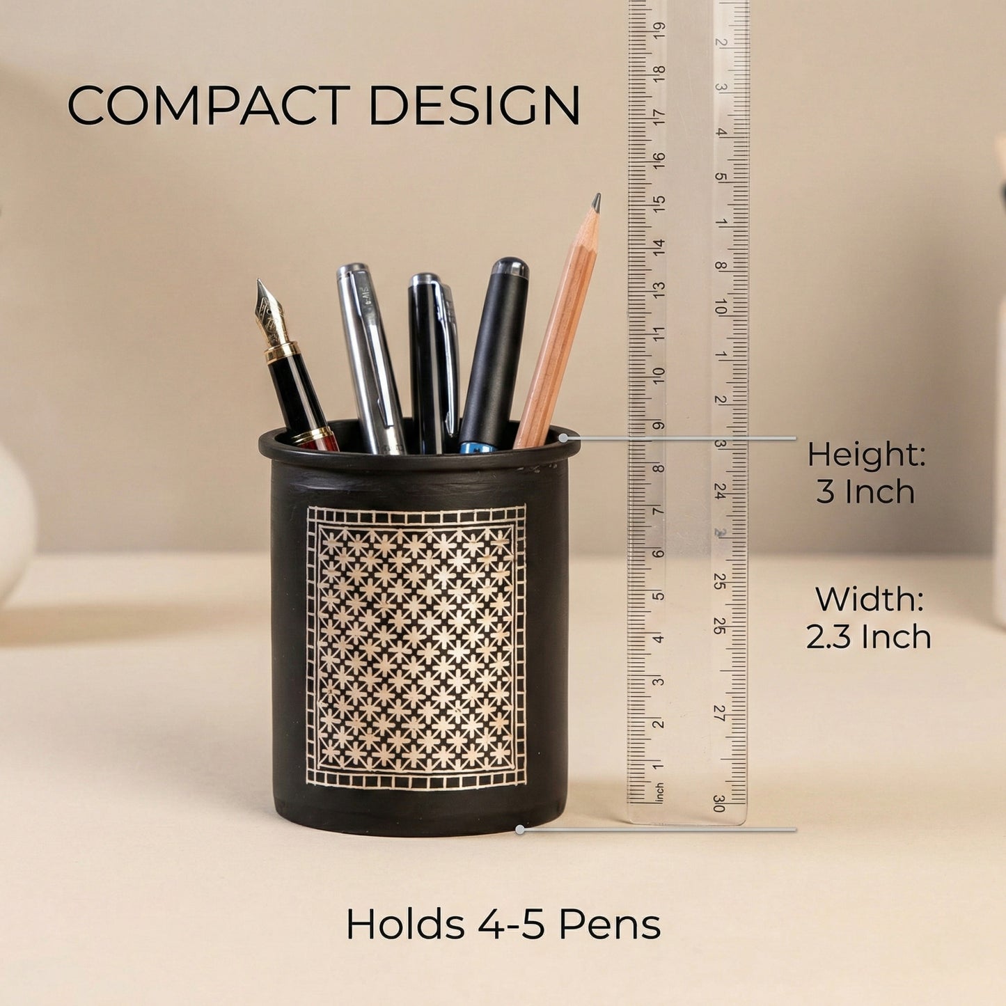 RUSTIQUE WONDERS INDIAN HANDICRAFTS Handcrafted Bidricraft Pen Stand with Pure Silver Inlay, Black Zinc Alloy Desk Organizer, 3 Inch Height, Premium Authentic Bidri Art