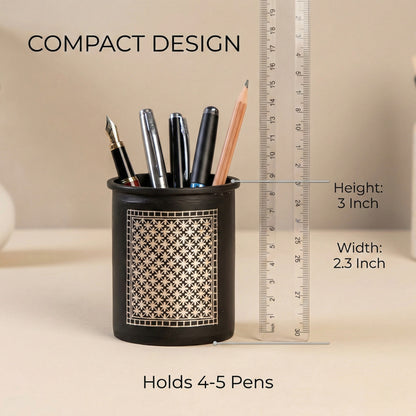 RUSTIQUE WONDERS INDIAN HANDICRAFTS Handcrafted Bidricraft Pen Stand with Pure Silver Inlay, Black Zinc Alloy Desk Organizer, 3 Inch Height, Premium Authentic Bidri Art