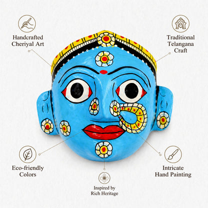 Handcrafted Cheriyal Mask Wall Decor (4x4 Inch) | Traditional Telangana Folk Art | Hand Painted Ethnic Wall Hanging | Indian Cultural Home Decor Gift