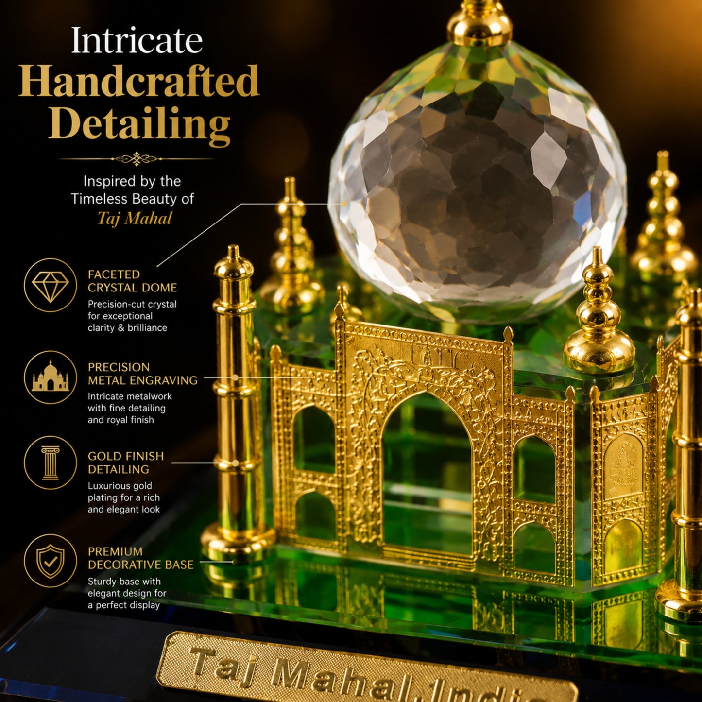 Crystal Taj Mahal Miniature Showpiece with Acrylic Display Case – Premium Decorative Collectible Gift & Home Décor | Golden Finish Handmade Souvenir | 4 x 4 x 4 Inch