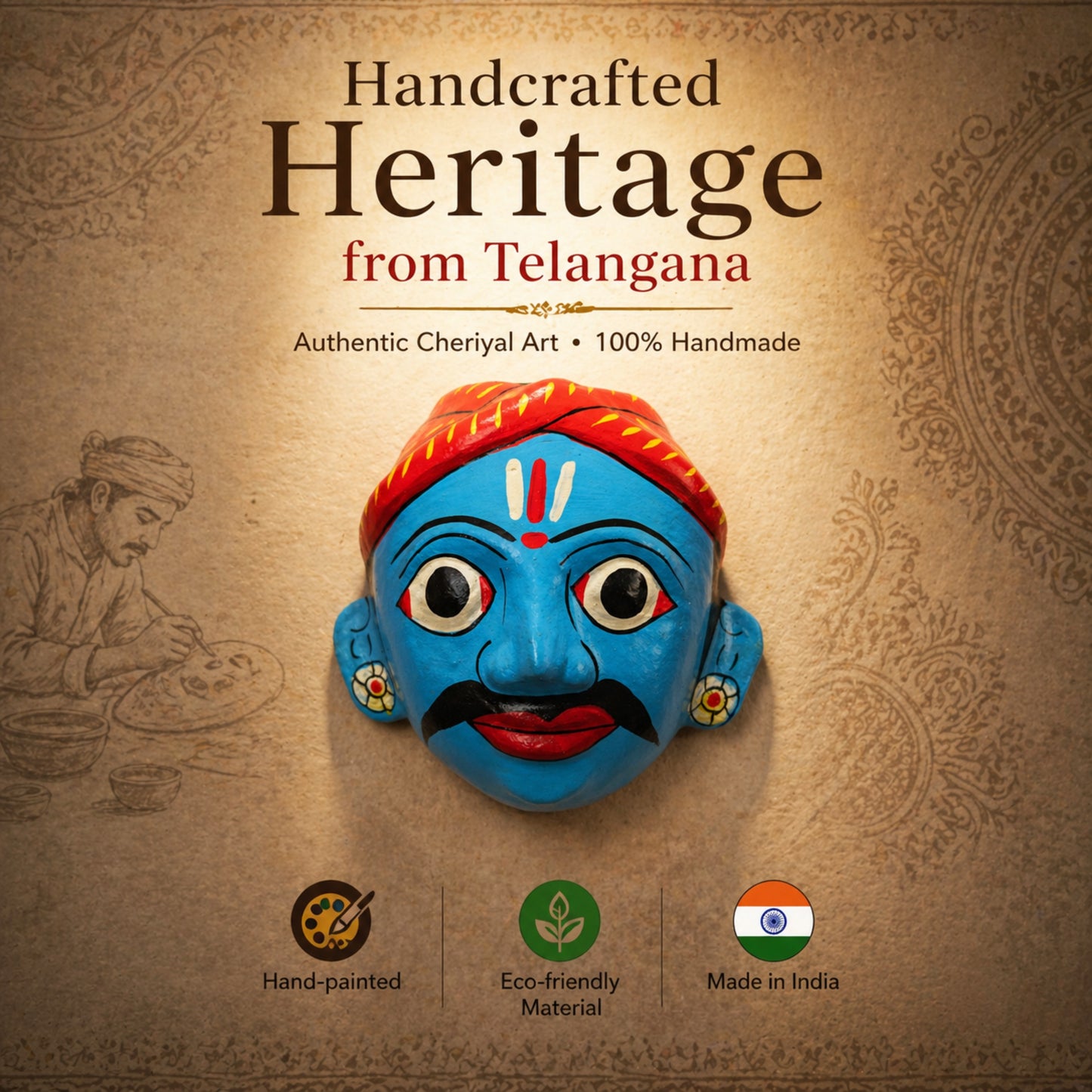 Cheriyal Mask Wall Decor – Handmade Traditional Telangana Art, Hand-Painted Wooden Face Mask, Ethnic Home Decoration for Living Room, Wall Hanging, Unique Gift Item