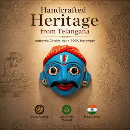 Cheriyal Mask Wall Decor – Handmade Traditional Telangana Art, Hand-Painted Wooden Face Mask, Ethnic Home Decoration for Living Room, Wall Hanging, Unique Gift Item