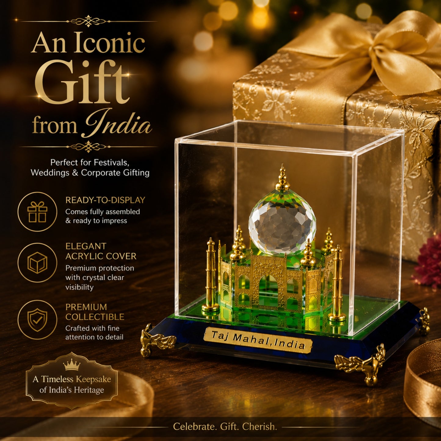 Crystal Taj Mahal Miniature Showpiece with Acrylic Display Case – Premium Decorative Collectible Gift & Home Décor | Golden Finish Handmade Souvenir | 4 x 4 x 4 Inch