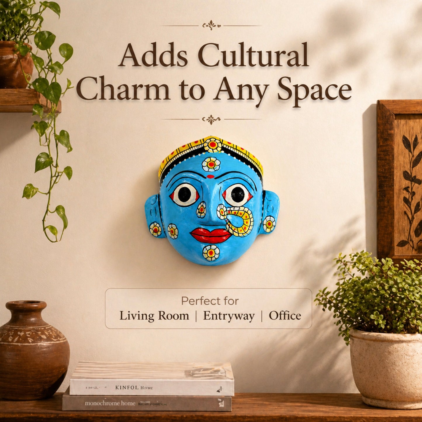 Handcrafted Cheriyal Mask Wall Decor (4x4 Inch) | Traditional Telangana Folk Art | Hand Painted Ethnic Wall Hanging | Indian Cultural Home Decor Gift
