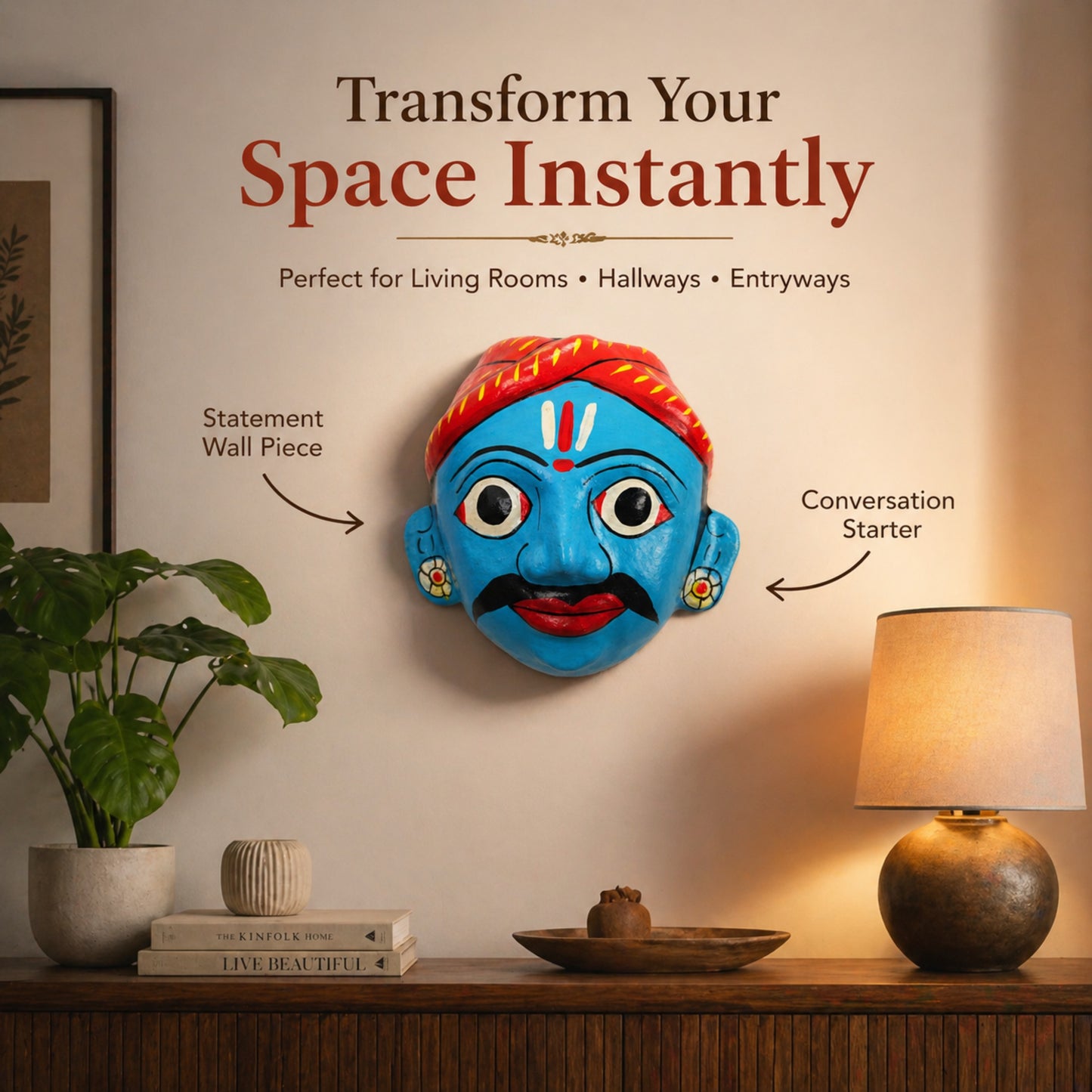 Cheriyal Mask Wall Decor – Handmade Traditional Telangana Art, Hand-Painted Wooden Face Mask, Ethnic Home Decoration for Living Room, Wall Hanging, Unique Gift Item