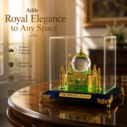 Crystal Taj Mahal Miniature Showpiece with Acrylic Display Case – Premium Decorative Collectible Gift & Home Décor | Golden Finish Handmade Souvenir | 4 x 4 x 4 Inch