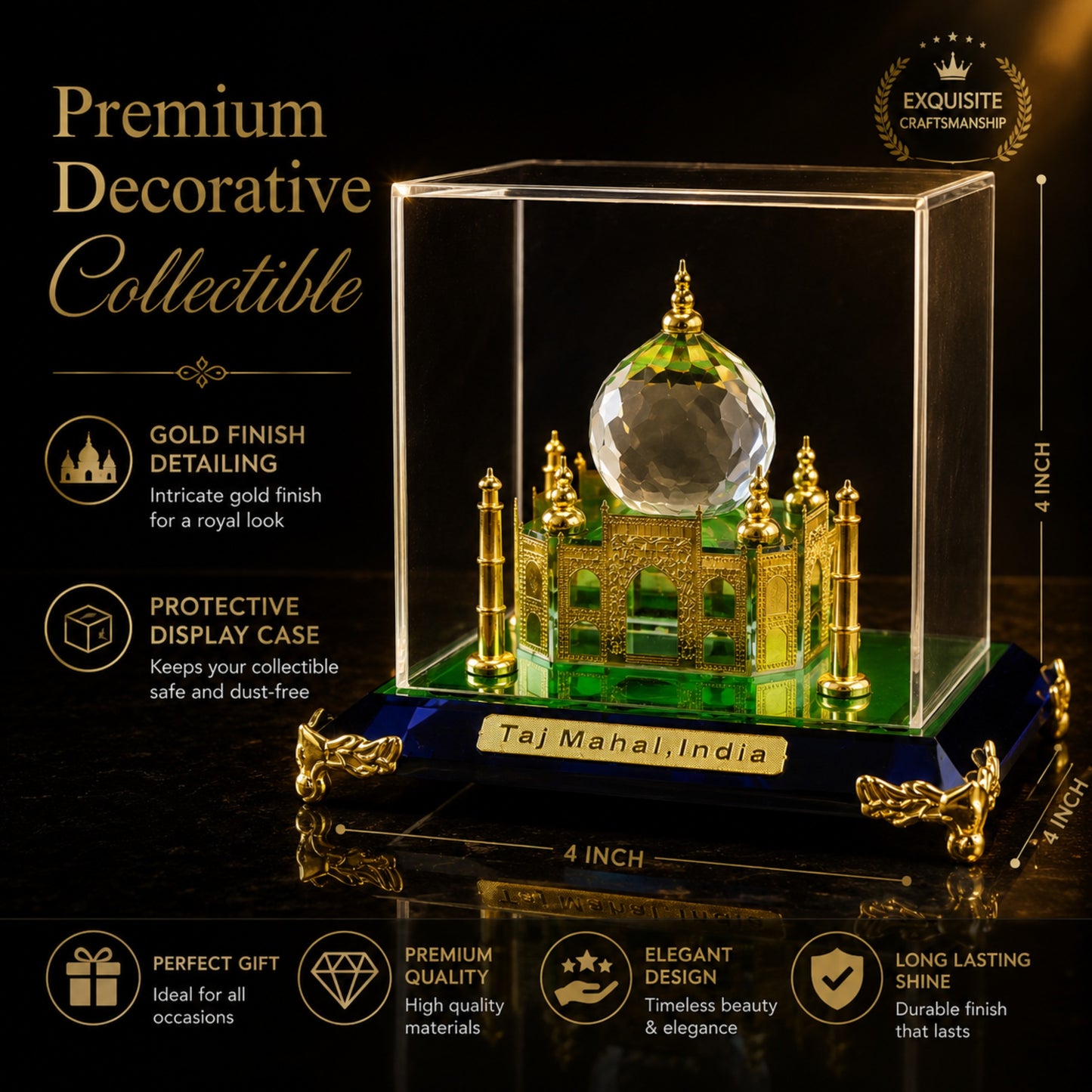 Crystal Taj Mahal Miniature Showpiece with Acrylic Display Case – Premium Decorative Collectible Gift & Home Décor | Golden Finish Handmade Souvenir | 4 x 4 x 4 Inch