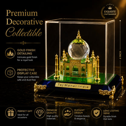 Crystal Taj Mahal Miniature Showpiece with Acrylic Display Case – Premium Decorative Collectible Gift & Home Décor | Golden Finish Handmade Souvenir | 4 x 4 x 4 Inch