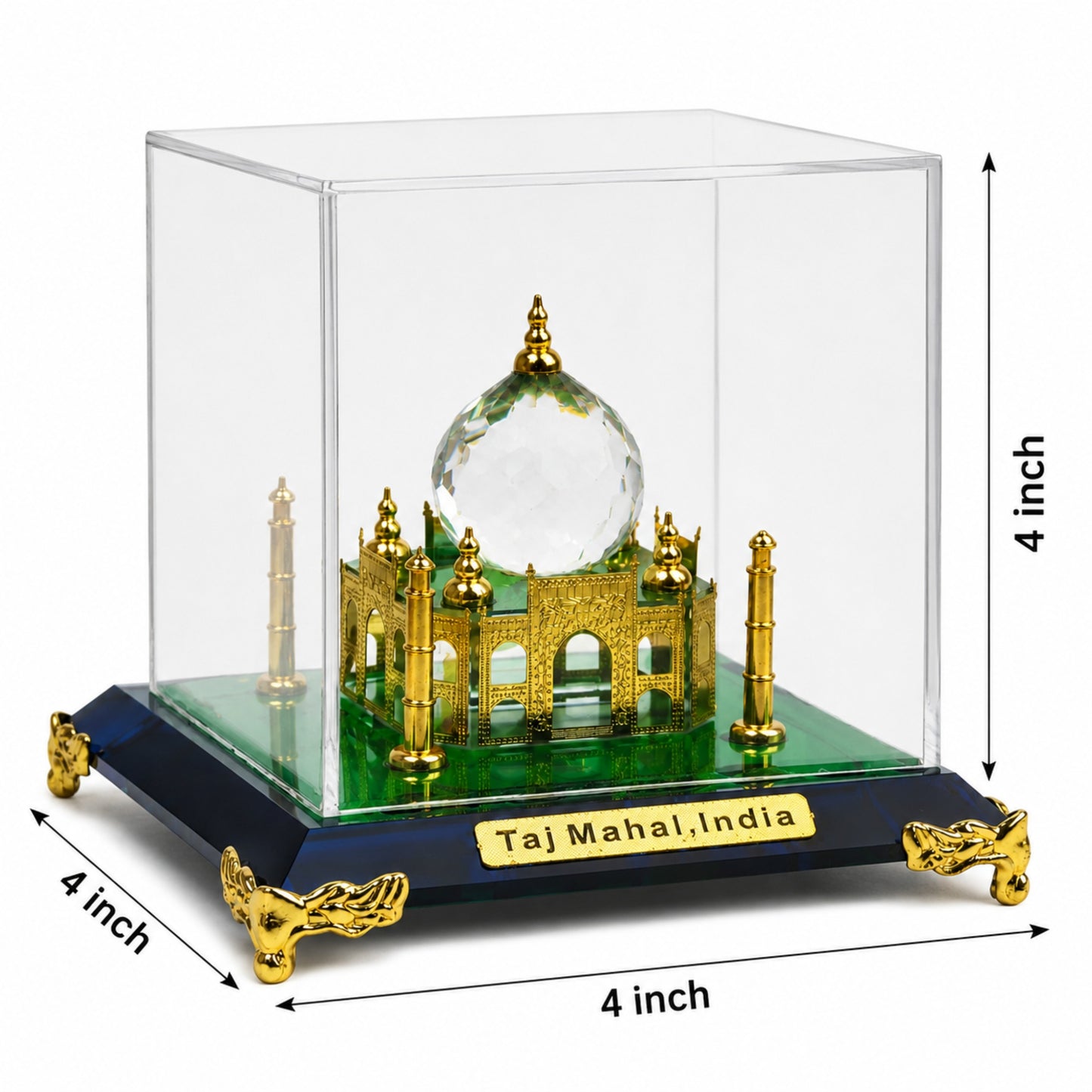 Crystal Taj Mahal Miniature Showpiece with Acrylic Display Case – Premium Decorative Collectible Gift & Home Décor | Golden Finish Handmade Souvenir | 4 x 4 x 4 Inch