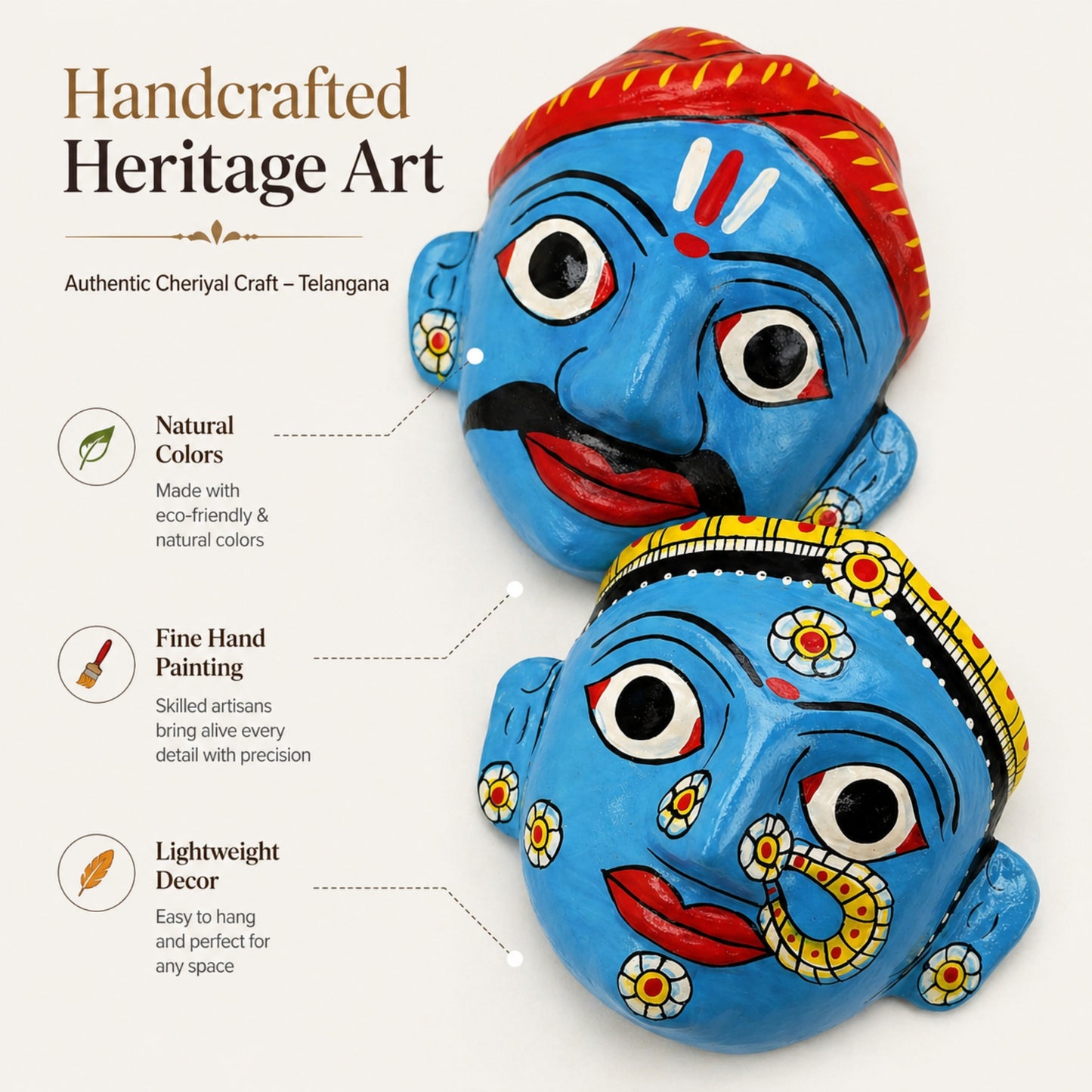 Handmade Cheriyal Mask Wall Hanging set (4x4 Inch) – Telangana Folk Art Décor | Traditional Indian Wooden Face Mask | Ethnic Home Decoration & Unique Gift