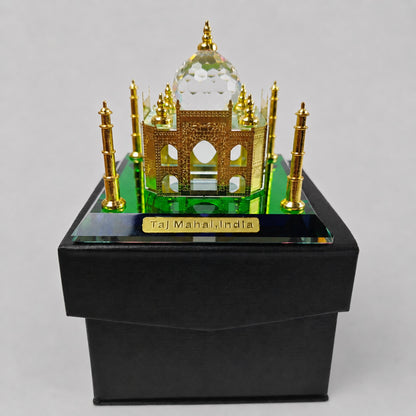 Crystal Taj Mahal Miniature Showpiece with Acrylic Display Case – Premium Decorative Collectible Gift & Home Décor | Golden Finish Handmade Souvenir | 4 x 4 x 4 Inch