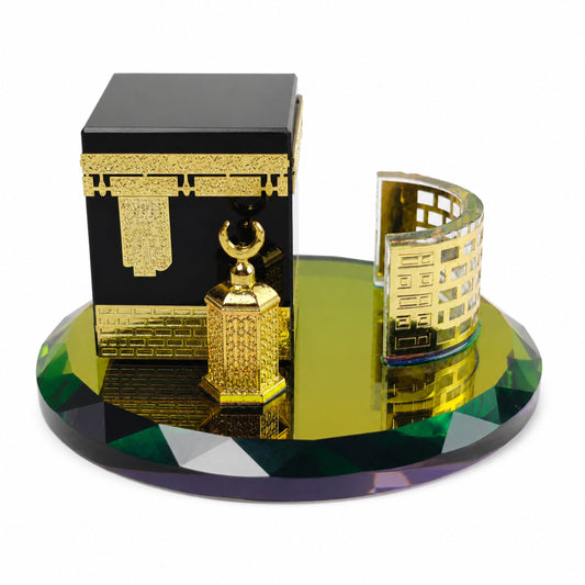 Luxury Crystal Kaaba Islamic Decor Showpiece with Gold Finish & Premium Gift Box – Elegant Ramadan Eid Home Office Table Decor Collectible (3 x 3 x 2 Inch)
