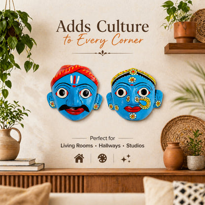Handmade Cheriyal Mask Wall Hanging set (4x4 Inch) – Telangana Folk Art Décor | Traditional Indian Wooden Face Mask | Ethnic Home Decoration & Unique Gift