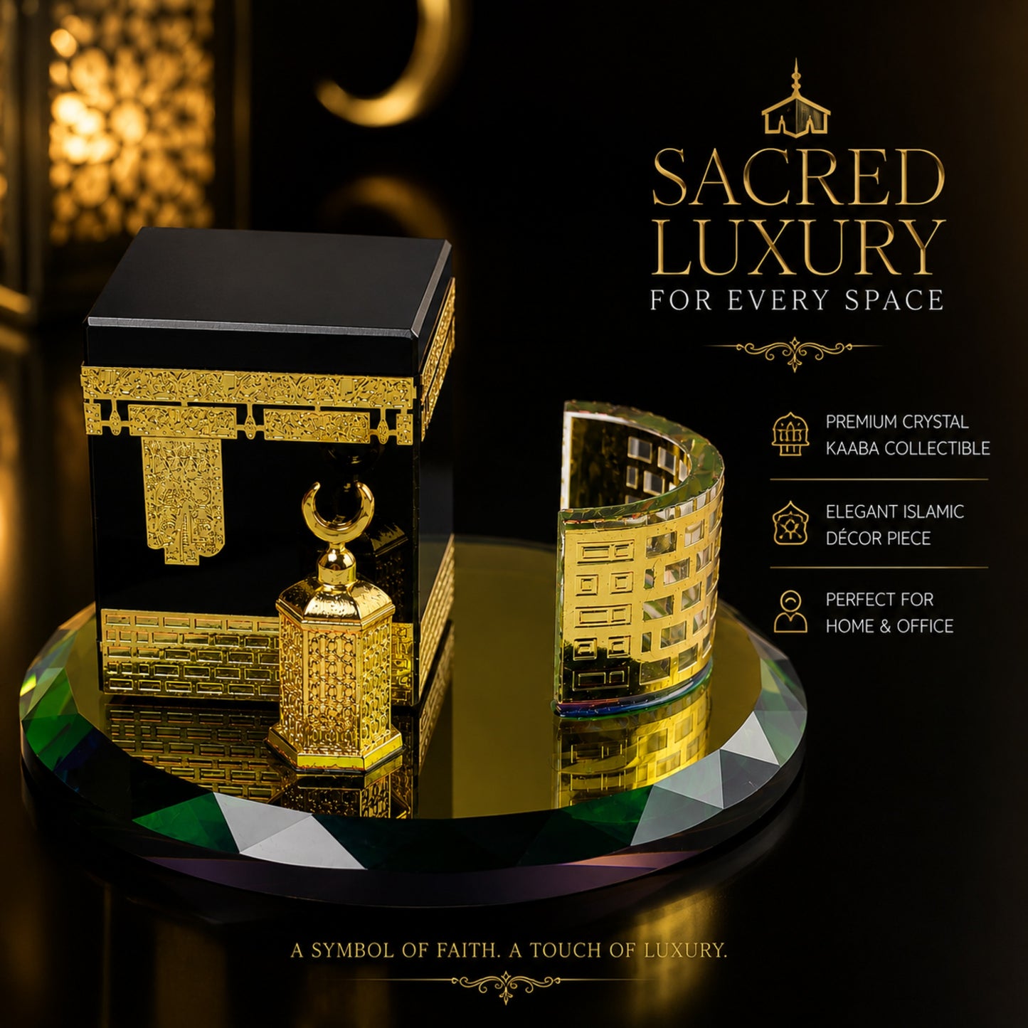 Luxury Crystal Kaaba Islamic Decor Showpiece with Gold Finish & Premium Gift Box – Elegant Ramadan Eid Home Office Table Decor Collectible (3 x 3 x 2 Inch)