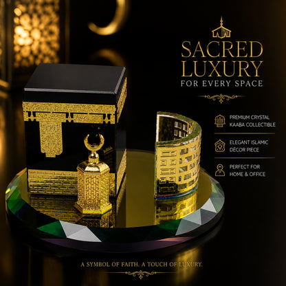 Luxury Crystal Kaaba Islamic Decor Showpiece with Gold Finish & Premium Gift Box – Elegant Ramadan Eid Home Office Table Decor Collectible (3 x 3 x 2 Inch)