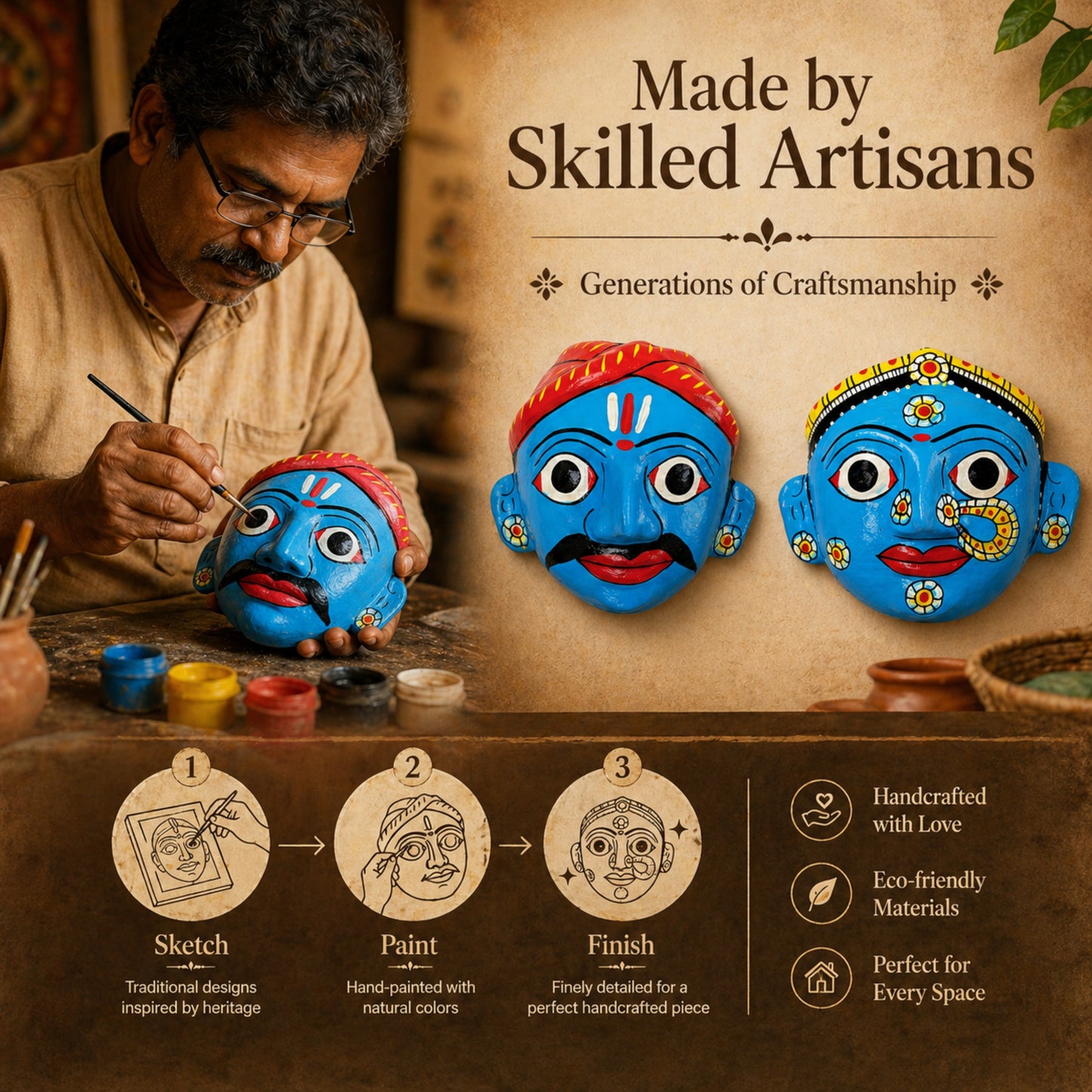 Handmade Cheriyal Mask Wall Hanging set (4x4 Inch) – Telangana Folk Art Décor | Traditional Indian Wooden Face Mask | Ethnic Home Decoration & Unique Gift