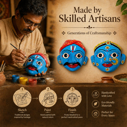 Handmade Cheriyal Mask Wall Hanging set (4x4 Inch) – Telangana Folk Art Décor | Traditional Indian Wooden Face Mask | Ethnic Home Decoration & Unique Gift
