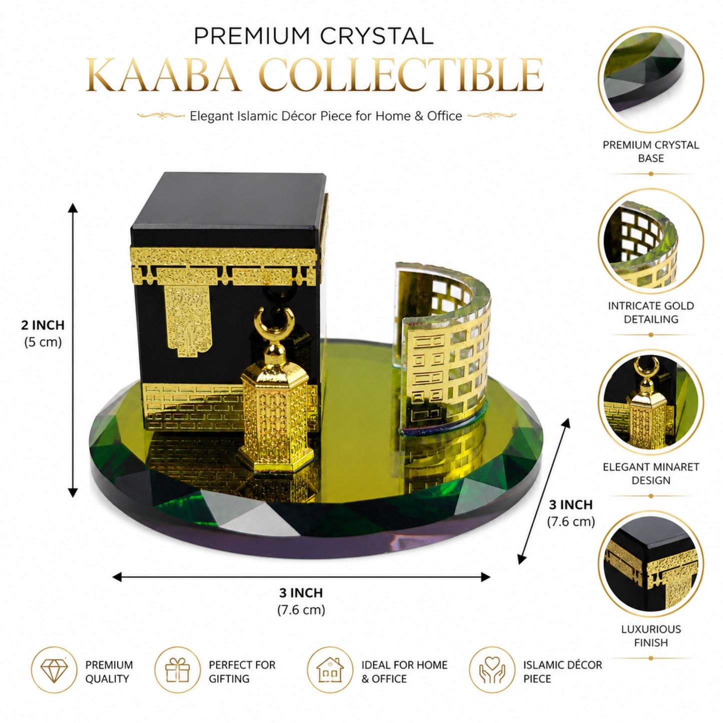Luxury Crystal Kaaba Islamic Decor Showpiece with Gold Finish & Premium Gift Box – Elegant Ramadan Eid Home Office Table Decor Collectible (3 x 3 x 2 Inch)