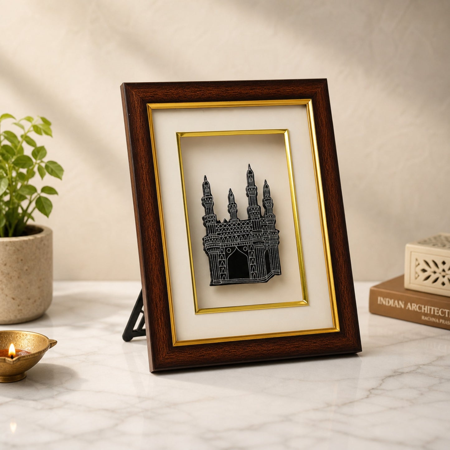 Bidri Art Charminar Frame with Pure Silver Inlay – Handcrafted Hyderabad Wall Décor & Tabletop Showpiece | Wooden Frame | 2-in-1 Wall Mount & Stand | Premium Gift (8.5 x 10.5 x 2 Inch)