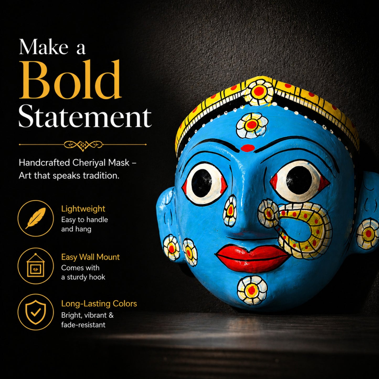 Cheriyal Mask Wall Decor Handmade | Telangana Folk Art Face Mask | Indian Ethnic Wall Hanging | Traditional Hand Painted Decor | Home & Living Gift Item (7 Inch)