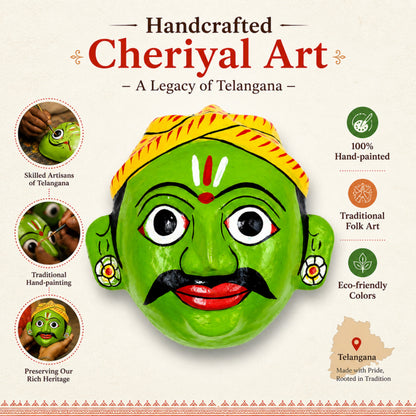 Cheriyal Mask Wall Decor 4x4 Inch – Handcrafted Telangana Folk Art, Hand-Painted Wooden Face Mask, Traditional Indian Home Decor, Cultural Gift Item