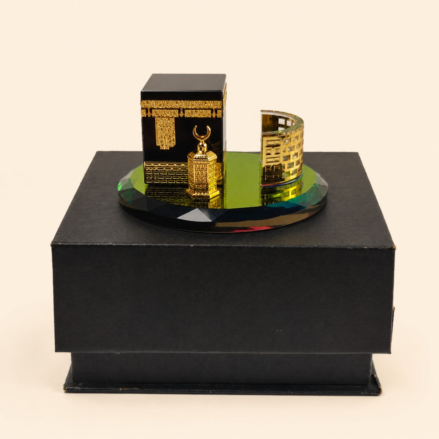 Luxury Crystal Kaaba Islamic Decor Showpiece with Gold Finish & Premium Gift Box – Elegant Ramadan Eid Home Office Table Decor Collectible (3 x 3 x 2 Inch)
