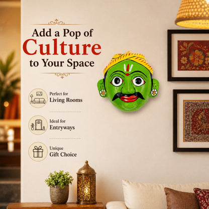 Cheriyal Mask Wall Decor 4x4 Inch – Handcrafted Telangana Folk Art, Hand-Painted Wooden Face Mask, Traditional Indian Home Decor, Cultural Gift Item