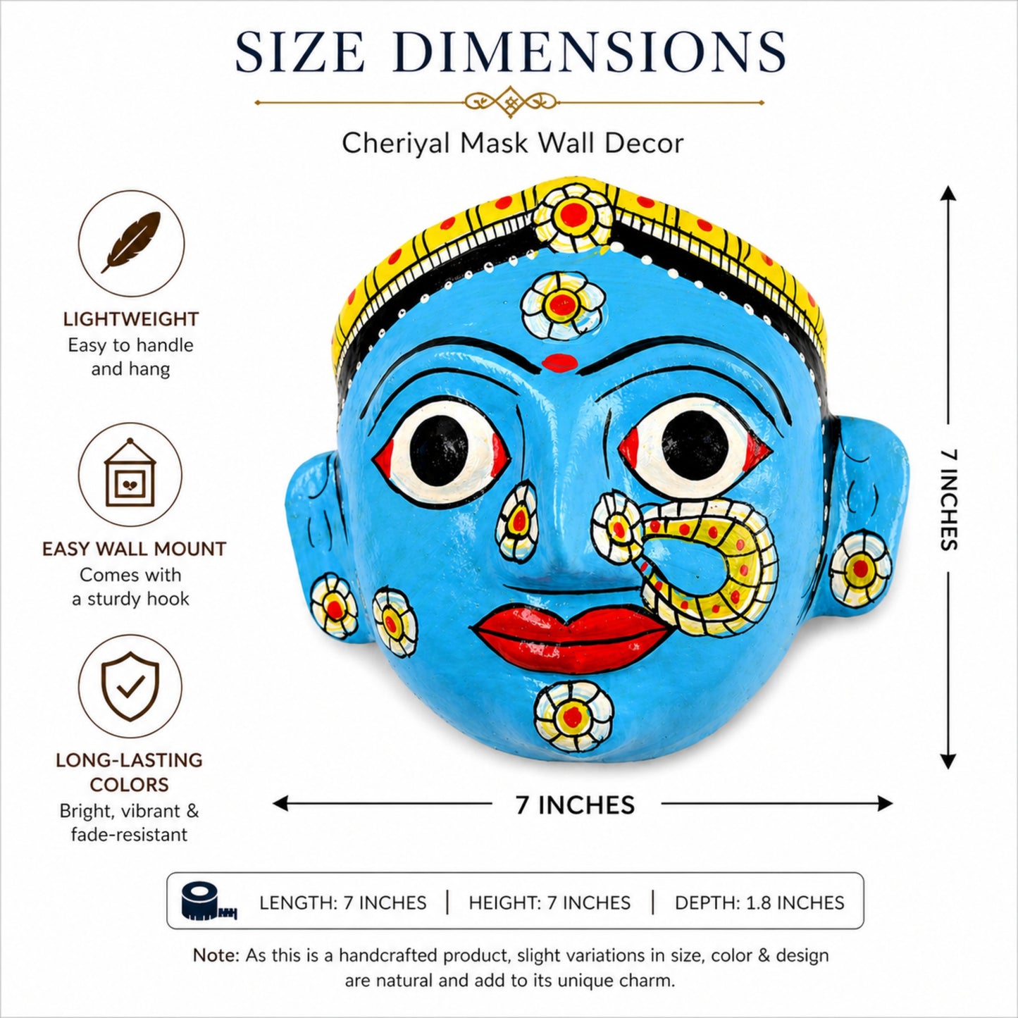 Cheriyal Mask Wall Decor Handmade | Telangana Folk Art Face Mask | Indian Ethnic Wall Hanging | Traditional Hand Painted Decor | Home & Living Gift Item (7 Inch)