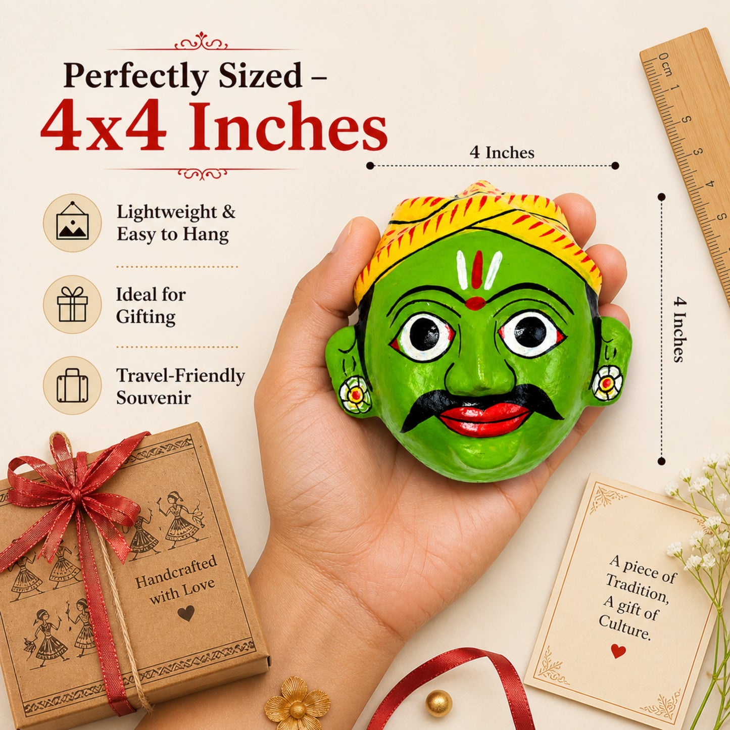 Cheriyal Mask Wall Decor 4x4 Inch – Handcrafted Telangana Folk Art, Hand-Painted Wooden Face Mask, Traditional Indian Home Decor, Cultural Gift Item