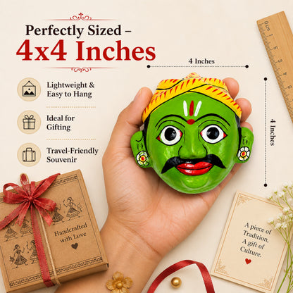 Cheriyal Mask Wall Decor 4x4 Inch – Handcrafted Telangana Folk Art, Hand-Painted Wooden Face Mask, Traditional Indian Home Decor, Cultural Gift Item