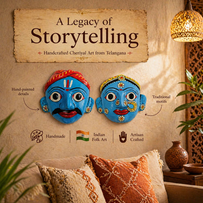 Cheriyal Mask Wall Hanging Set (Male & Female Combo) | Handmade Indian Folk Art | Traditional Telangana Masks | Boho Ethnic Home Decor | Unique Housewarming Gift