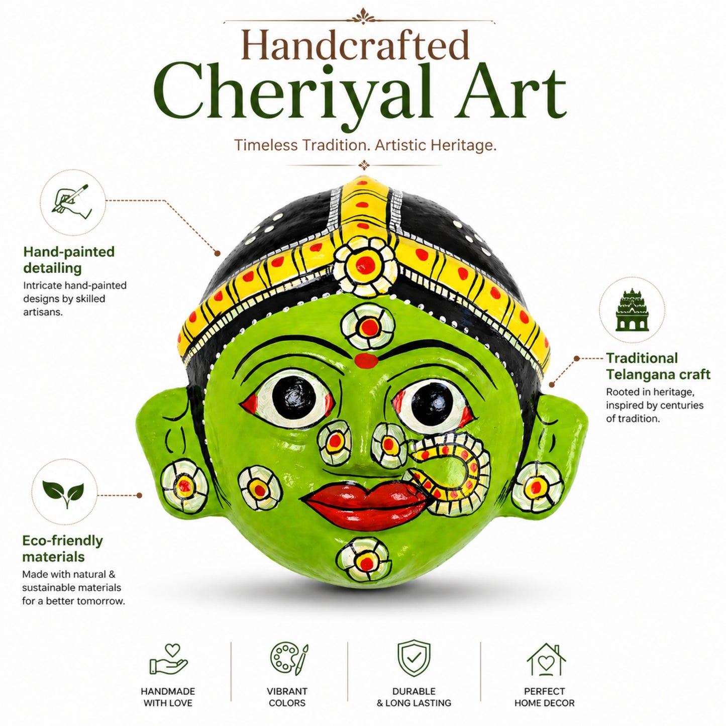 Handcrafted Cheriyal Mask Wall Décor (4x4 Inches) | Traditional Telangana Hand-Painted Art | Lightweight Hanging Decorative | Ethnic Home Décor & Gift Item