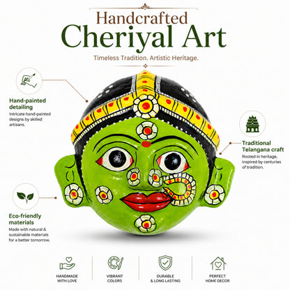 Handcrafted Cheriyal Mask Wall Décor (4x4 Inches) | Traditional Telangana Hand-Painted Art | Lightweight Hanging Decorative | Ethnic Home Décor & Gift Item