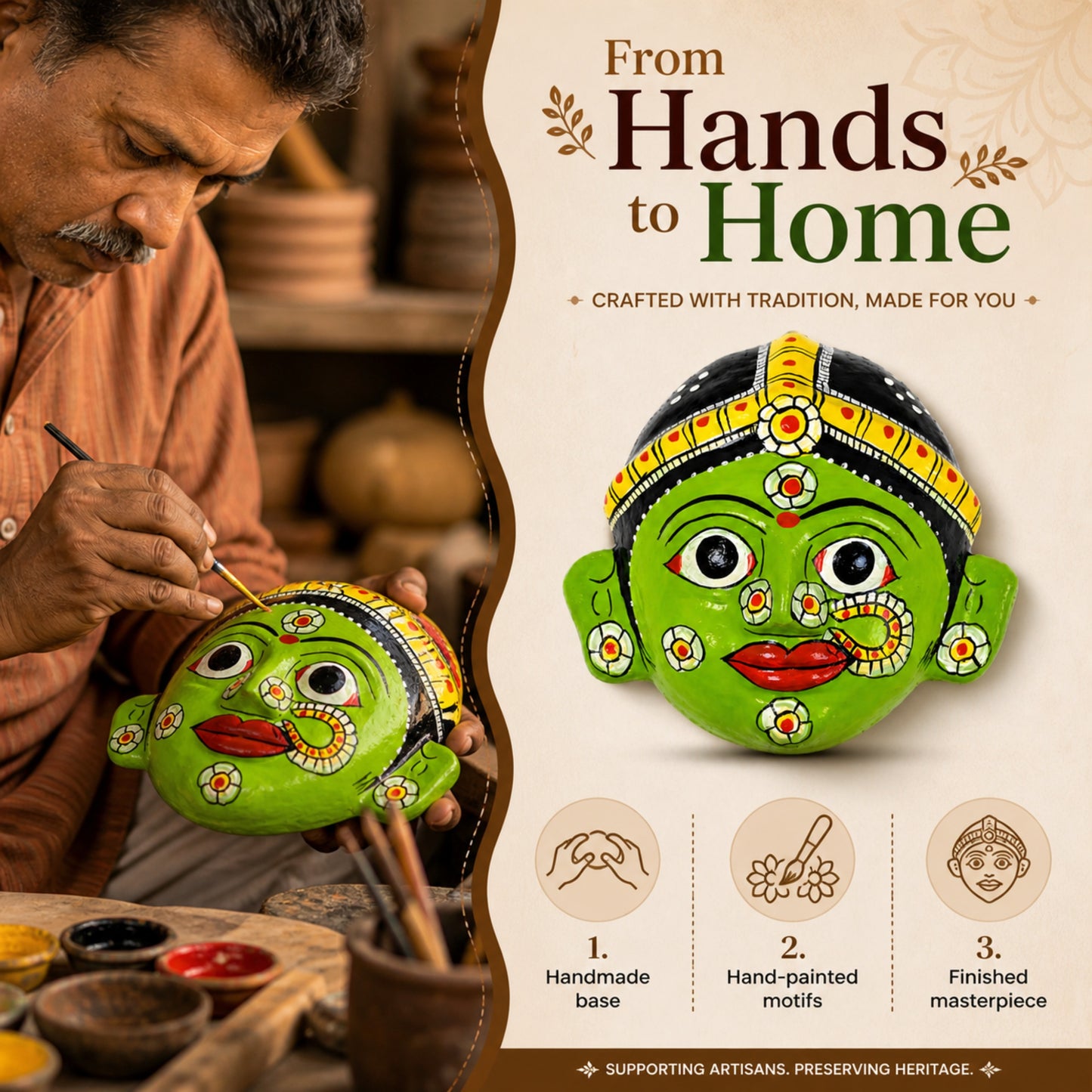 Handcrafted Cheriyal Mask Wall Décor (4x4 Inches) | Traditional Telangana Hand-Painted Art | Lightweight Hanging Decorative | Ethnic Home Décor & Gift Item