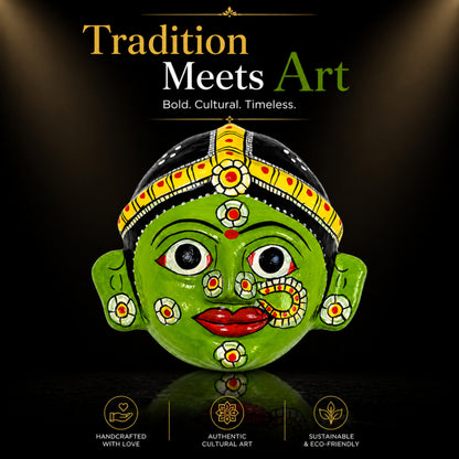 Handcrafted Cheriyal Mask Wall Décor (4x4 Inches) | Traditional Telangana Hand-Painted Art | Lightweight Hanging Decorative | Ethnic Home Décor & Gift Item