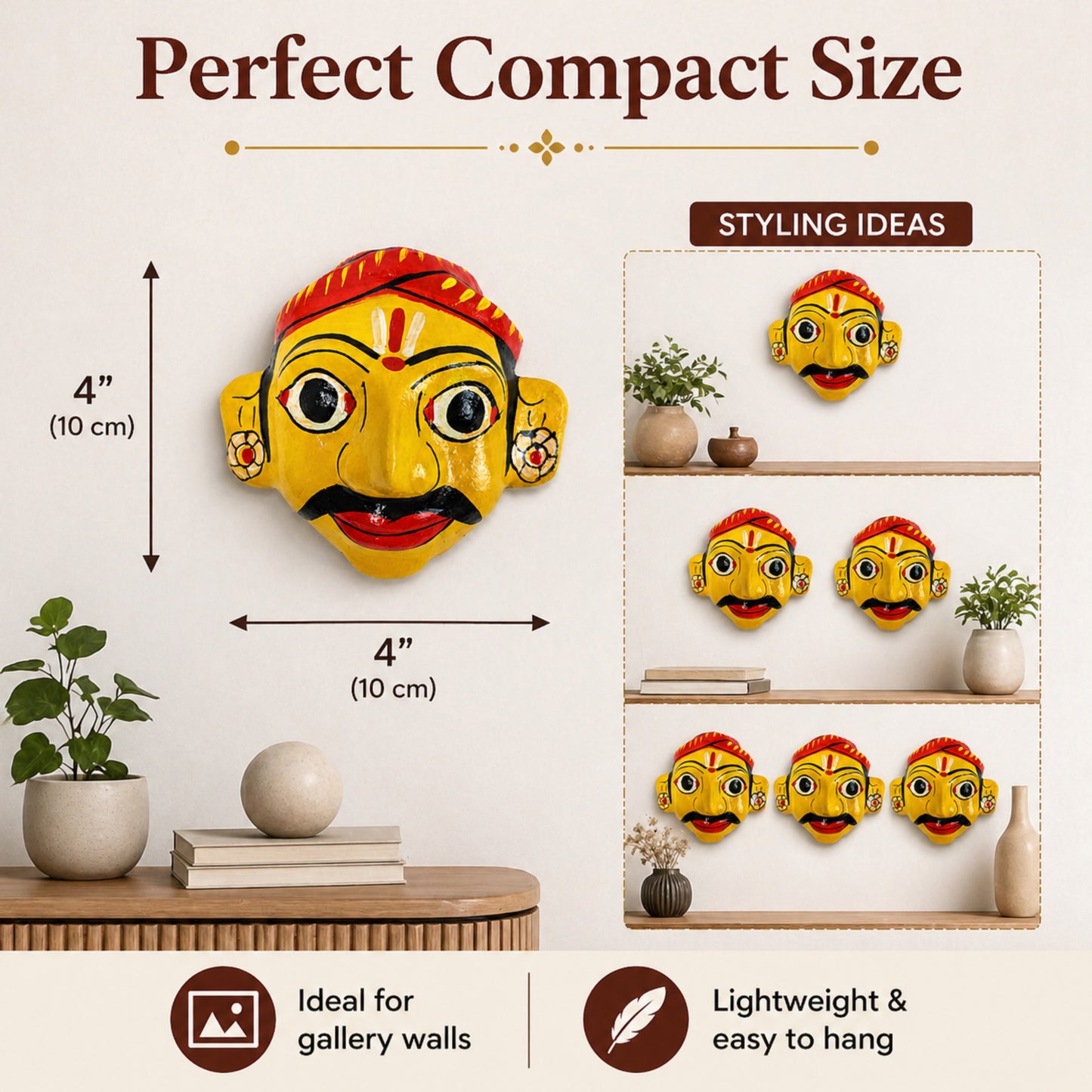 Handcrafted Cheriyal Mask Wall Décor | Traditional Telangana Folk Art | Lightweight Decorative Wall Hanging | 4 Inches
