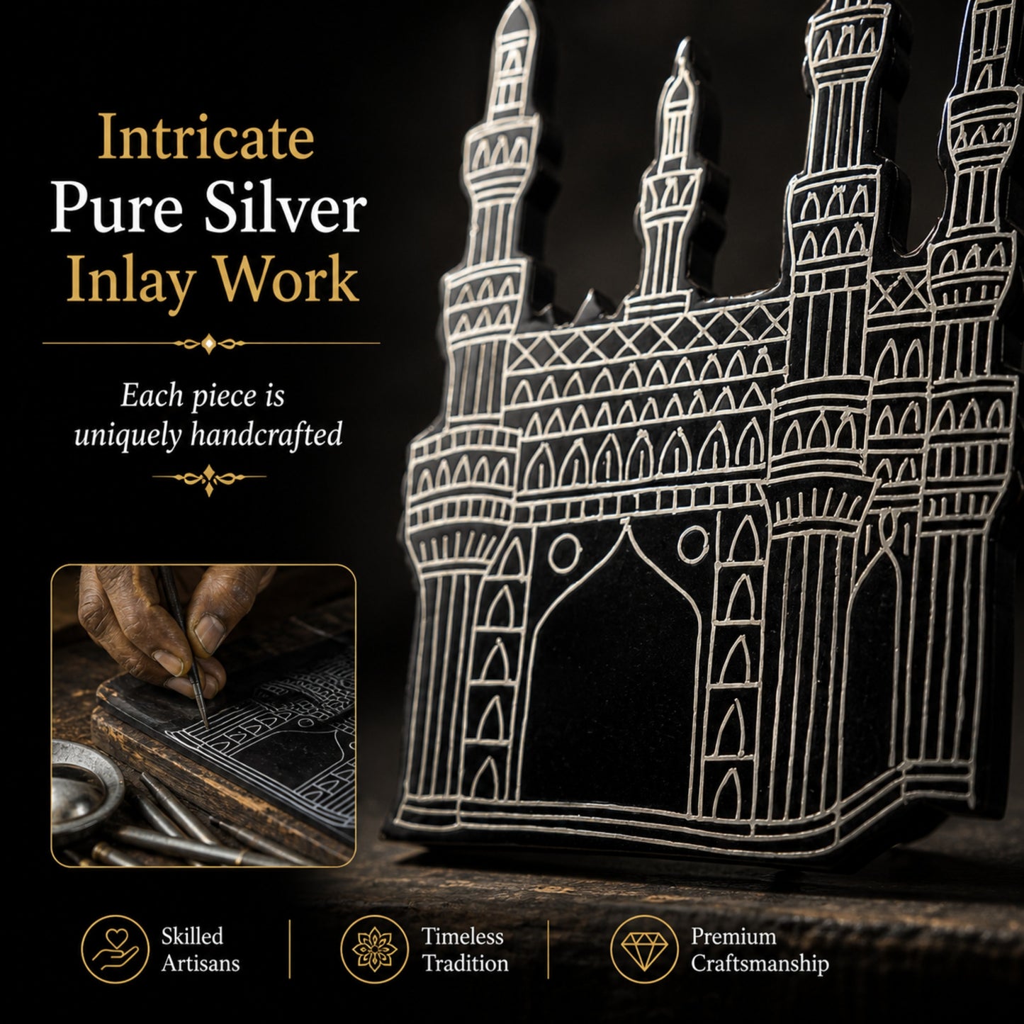 Bidri Art Charminar Frame with Pure Silver Inlay – Handcrafted Hyderabad Wall Décor & Tabletop Showpiece | Wooden Frame | 2-in-1 Wall Mount & Stand | Premium Gift (8.5 x 10.5 x 2 Inch)