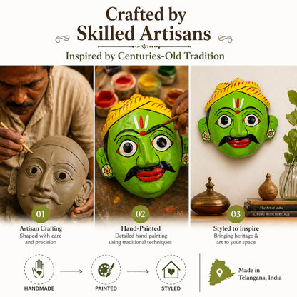 Cheriyal Mask Wall Hanging – Handmade & Hand-Painted Telangana Folk Art | Decorative Face Mask for Home, Living Room, Office | Indian Ethnic Décor Gift