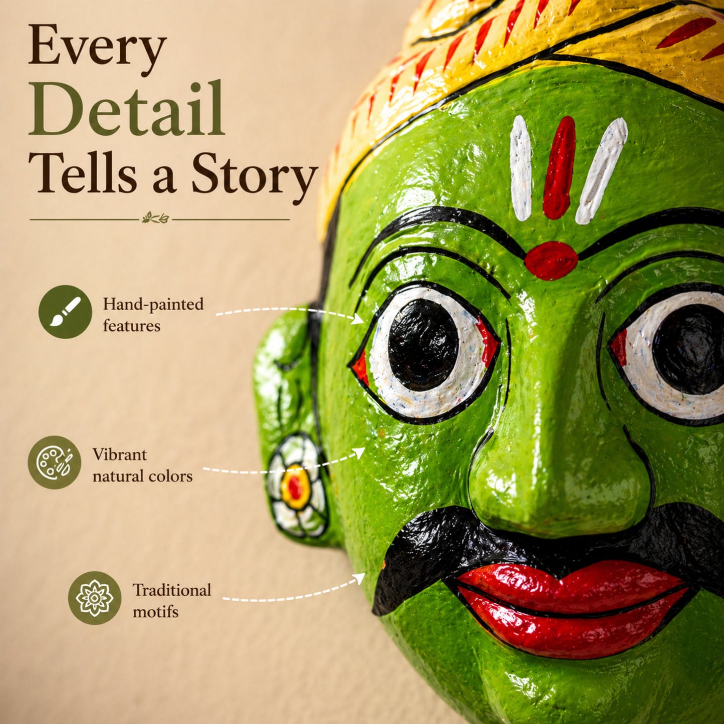 Handcrafted Cheriyal Mask Wall Decor (4x4 Inch) | Traditional Indian Folk Art Face Mask | Wooden Hand-Painted Wall Hanging | Cultural Home Decor & Gift