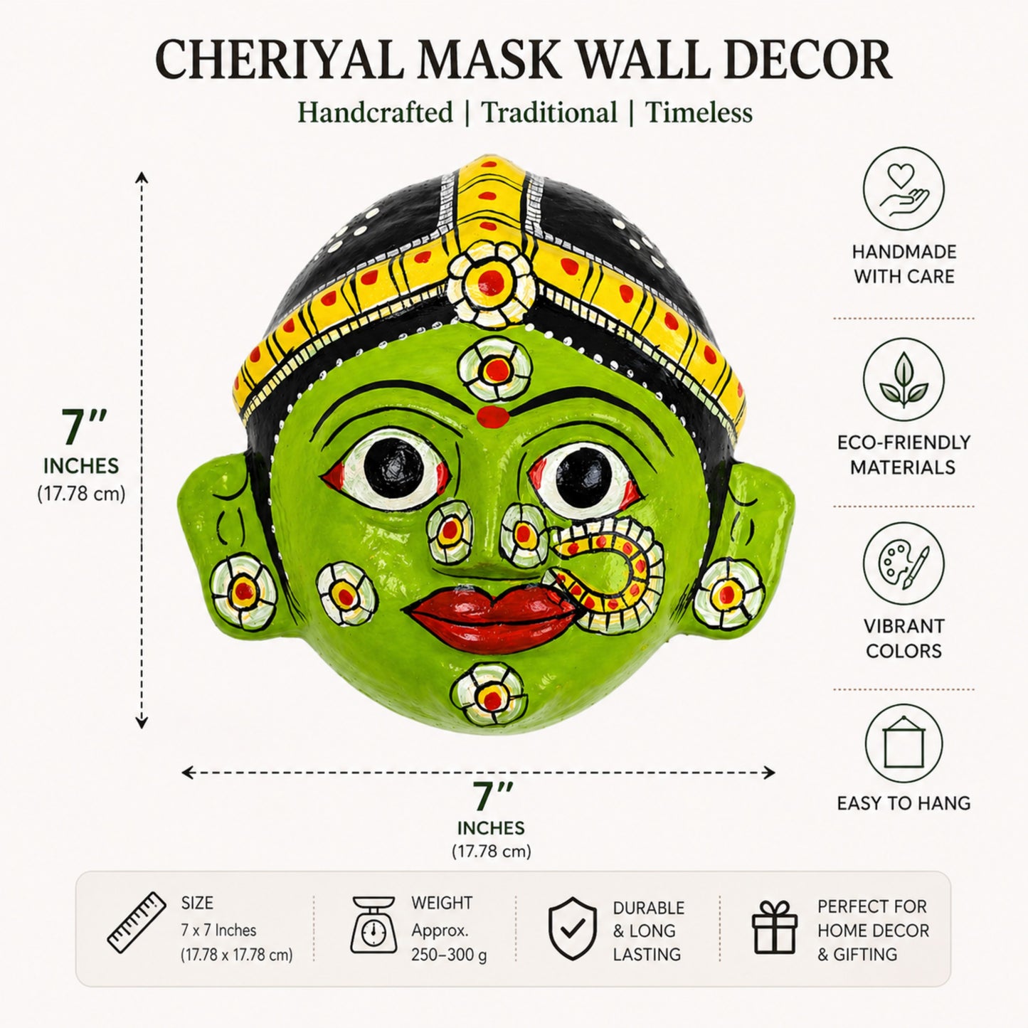 Handcrafted Cheriyal Mask Wall Decor – Traditional Indian Folk Art Face Mask | Telangana Handmade Wall Hanging for Home Decor & Gifting, 7 Inch